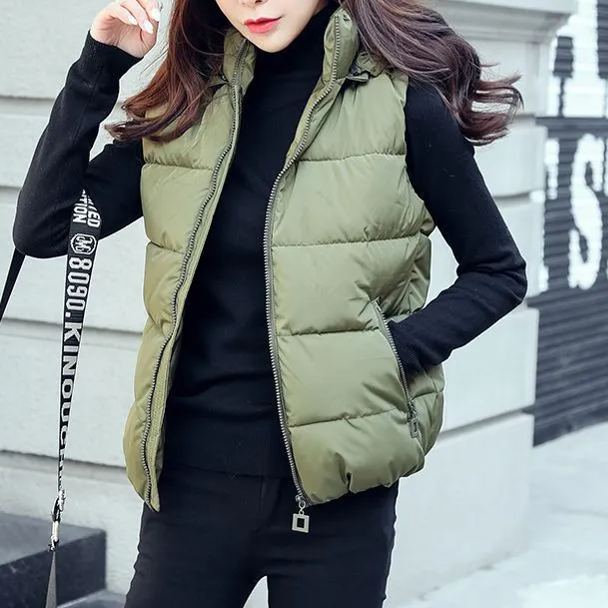 可拆卸帽子羽絨棉韓版顯瘦馬甲-Cicichill