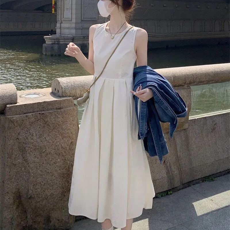 法式白色收腰顯瘦中長款蓬蓬大擺無袖連身裙-Cicichill