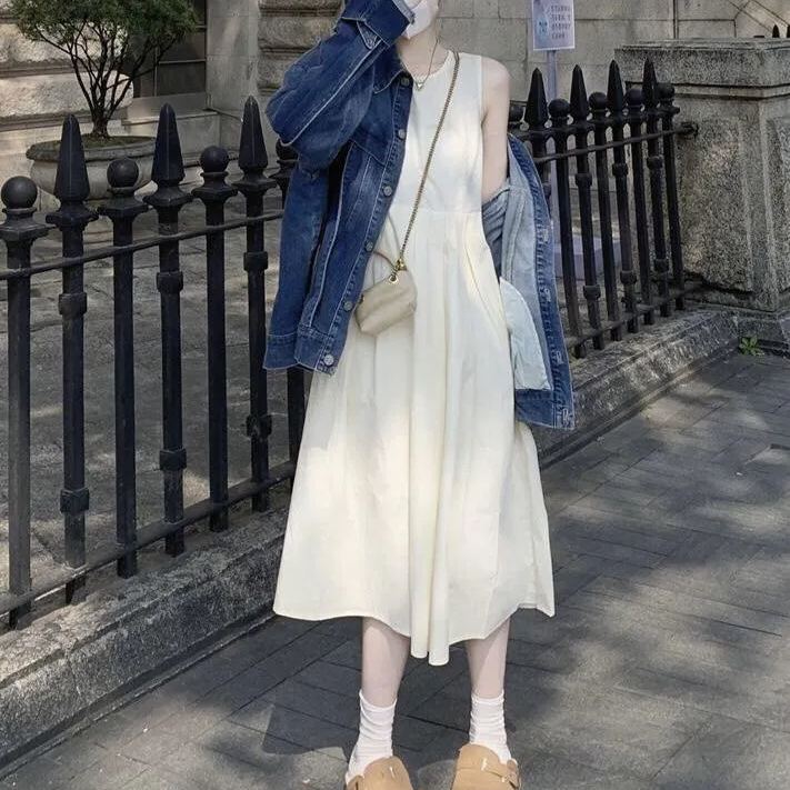 法式白色收腰顯瘦中長款蓬蓬大擺無袖連身裙-Cicichill