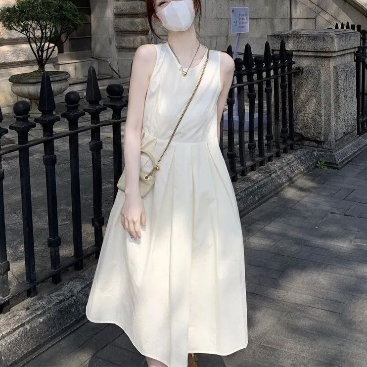法式白色收腰顯瘦中長款蓬蓬大擺無袖連身裙-Cicichill