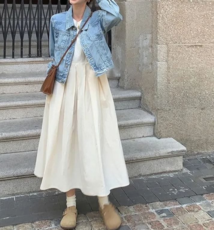 法式白色收腰顯瘦中長款蓬蓬大擺無袖連身裙-Cicichill