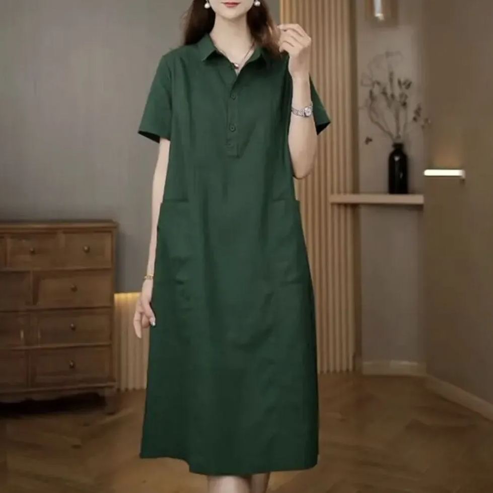 休閒氣質寬鬆遮肚純色口袋襯衫連身裙-Cicichill