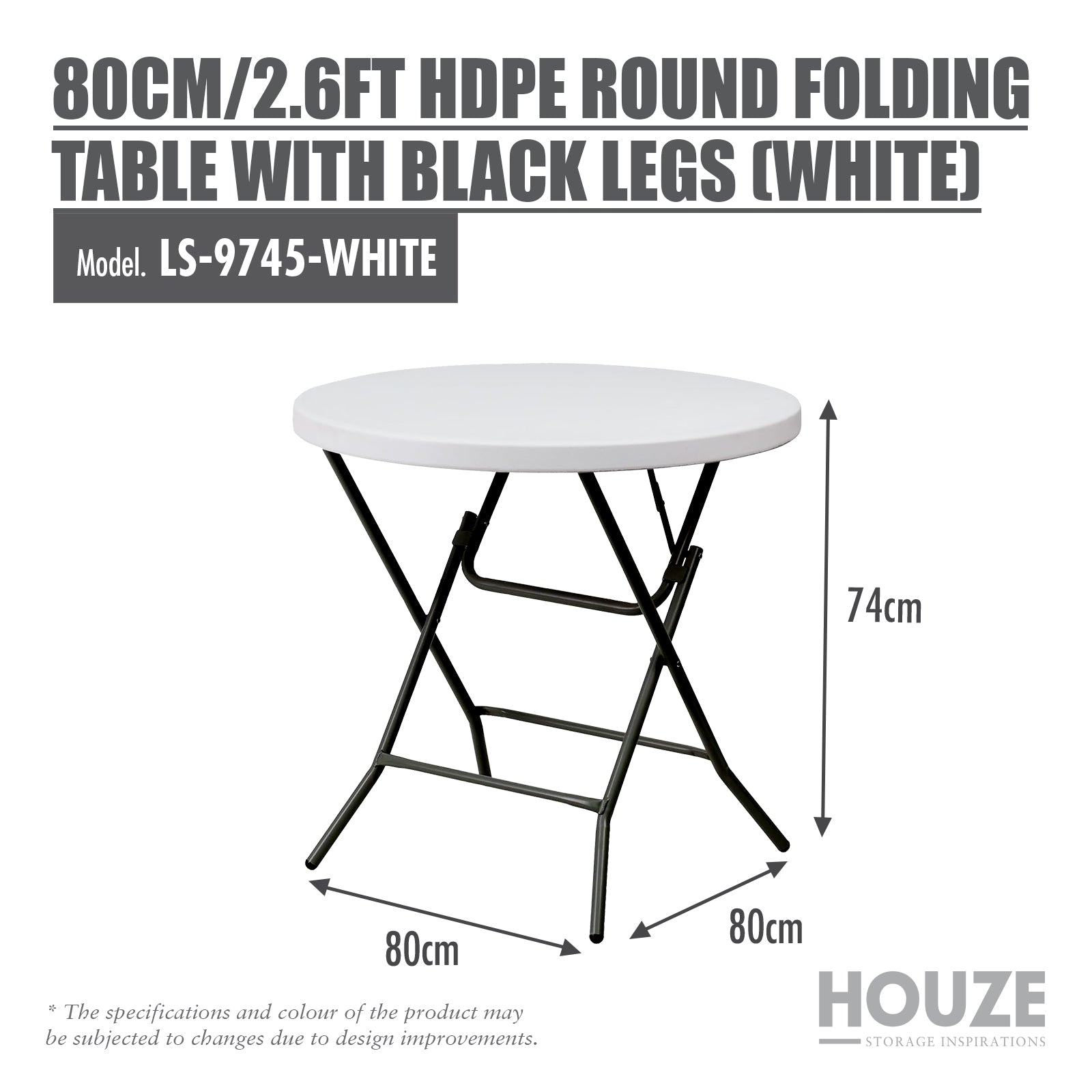 80cm/2.6ft - HDPE Round Folding Table with Black Legs (White)