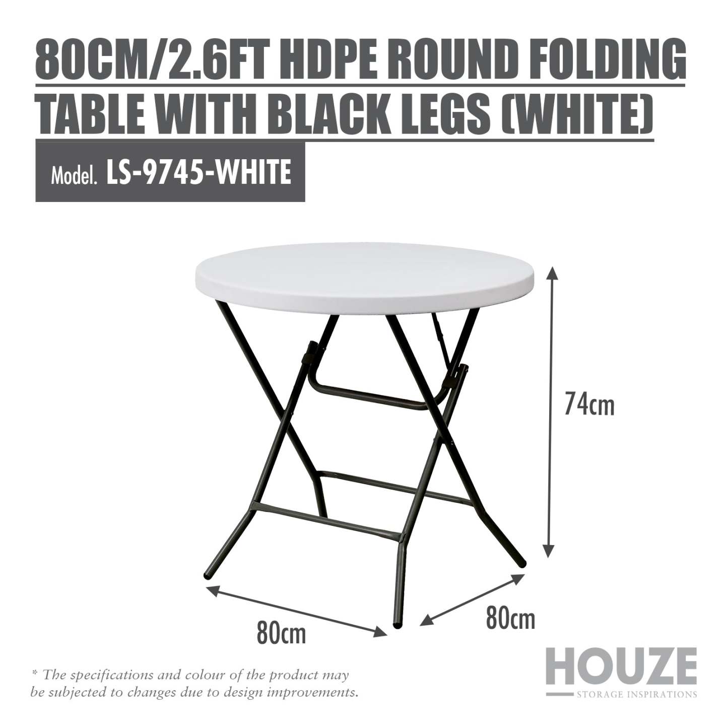 80cm HDPE Round Folding Table with Black Legs (White)