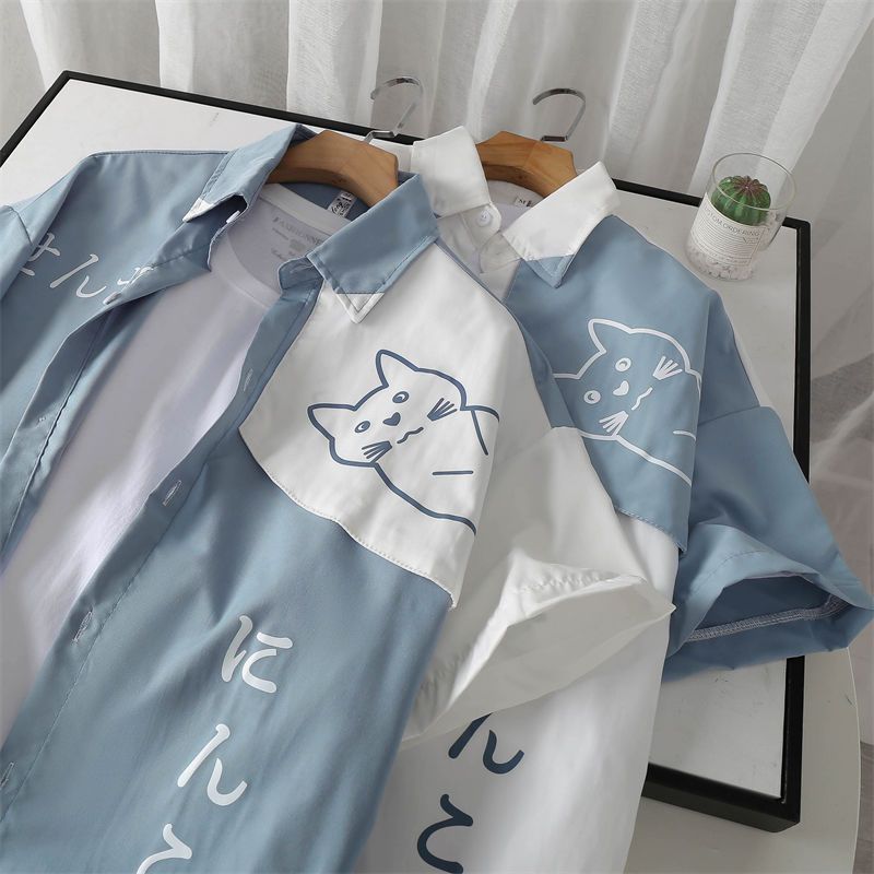 貓咪ins潮流日系印花短袖襯衫