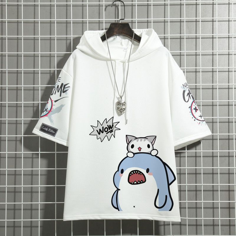 連帽韓版半袖潮流百搭寬鬆大碼五分袖短袖上衣