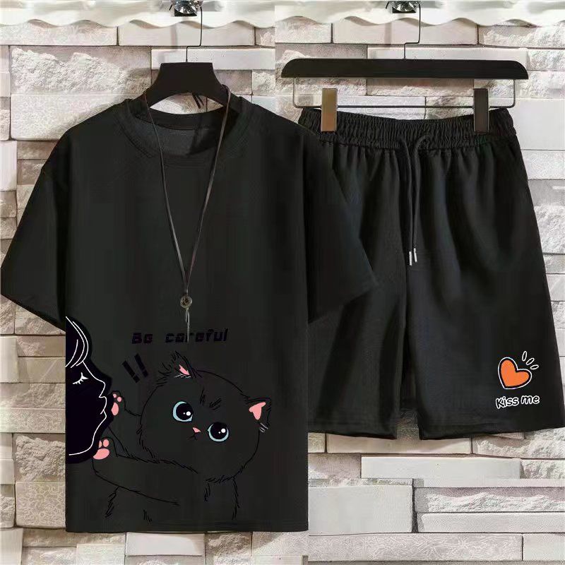 【單件/套裝】休閒可愛運動風圓領T恤+潮流鬆緊腰短褲兩件套-vivivale