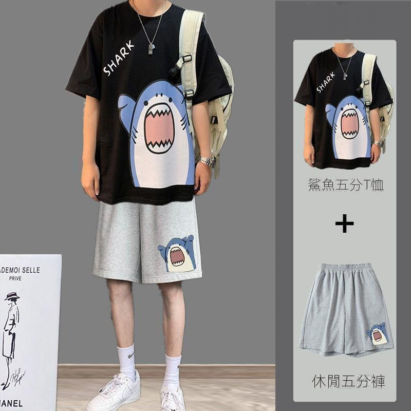 【單件/整套】卡通鯊魚五分袖休閒五分褲寬鬆潮流t恤兩件套裝