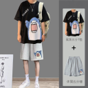 【兩件套】鲨鱼T恤黑色+鲨鱼五分褲灰色