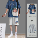 【兩件套】鲨鱼T恤藍色+鲨鱼五分褲灰色