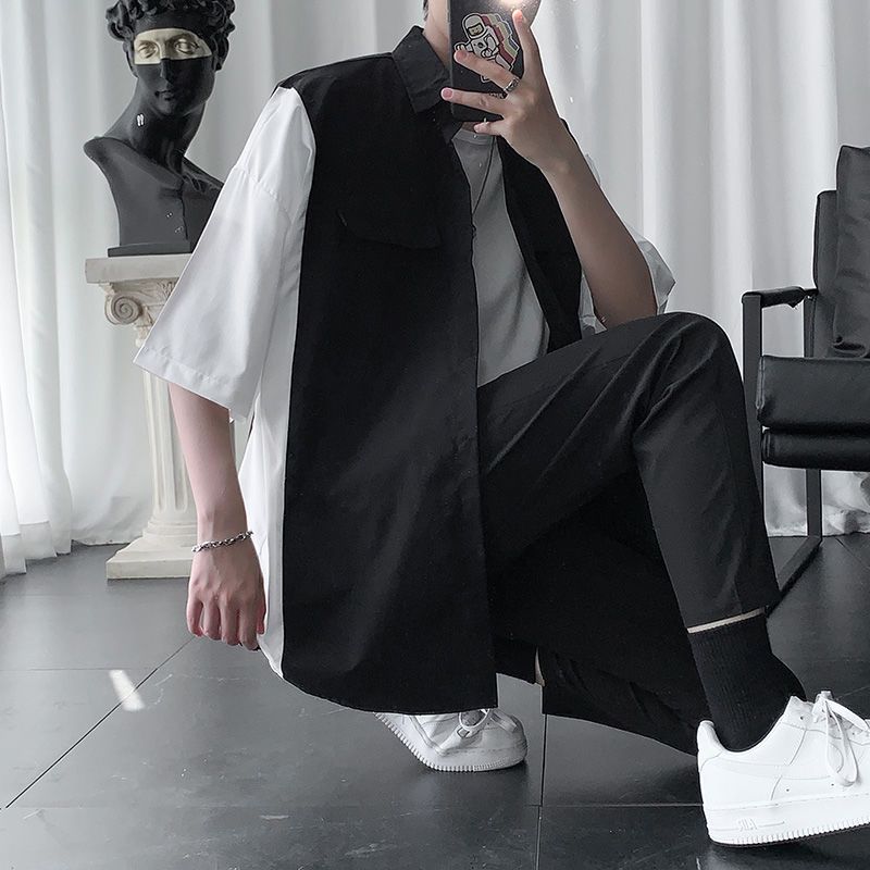 【套裝】韓版潮流帥氣撞色襯衫+內搭T恤+休閒九分褲子三件套裝-vivivale