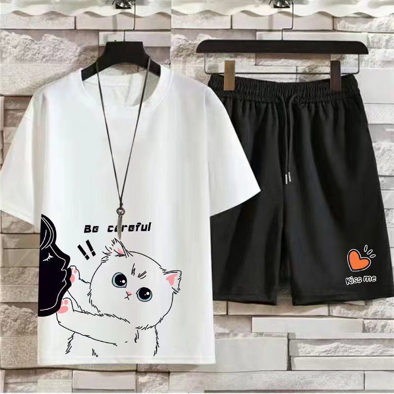 【單件/套裝】休閒可愛運動風圓領T恤+潮流鬆緊腰短褲兩件套-vivivale