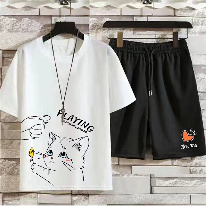 【單件/套裝】休閒可愛運動風圓領T恤+潮流鬆緊腰短褲兩件套-vivivale