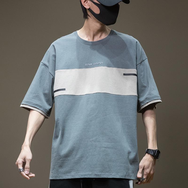 日系拼接百搭寬鬆圓領純棉短袖T恤-vivivale