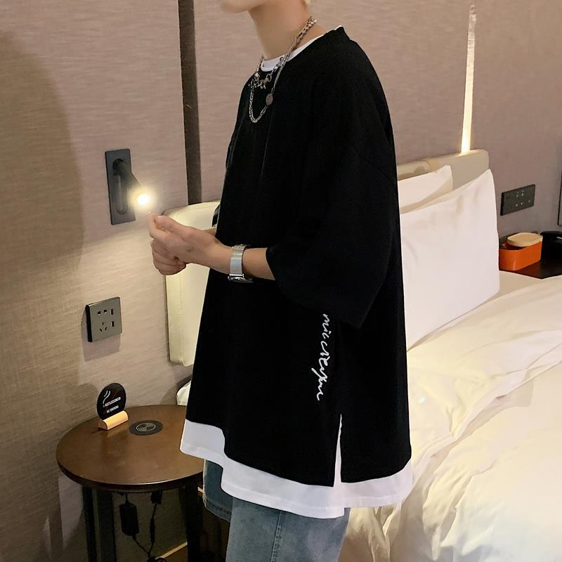 【套裝】潮流帥氣假兩件拼接短袖T恤+工裝束脚多口袋褲裝兩件套套裝-vivivale