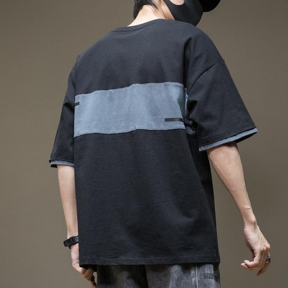 日系拼接百搭寬鬆圓領純棉短袖T恤-vivivale