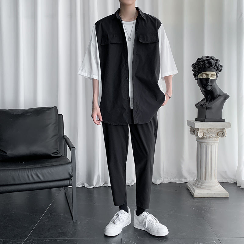 【套裝】韓版潮流帥氣撞色襯衫+內搭T恤+休閒九分褲子三件套裝-vivivale