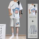 【两件套】鯊魚T恤白色+鯊魚五分褲灰色