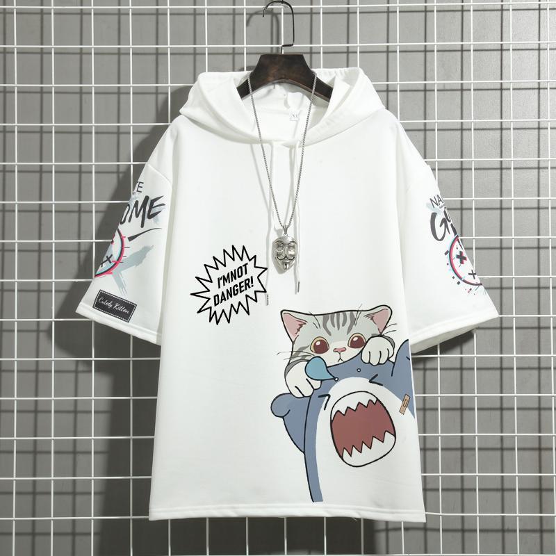 連帽韓版半袖潮流百搭寬鬆大碼五分袖短袖上衣