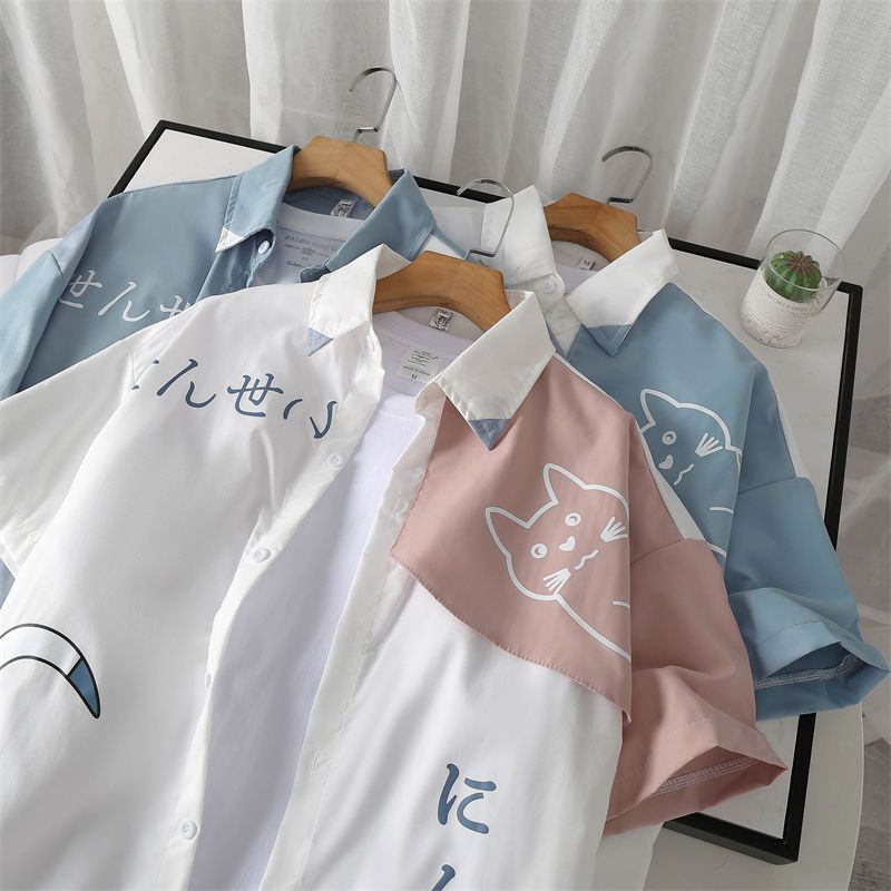 貓咪ins潮流日系印花短袖襯衫