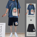 【兩件套】鲨鱼T恤藍色+鲨鱼五分褲黑色