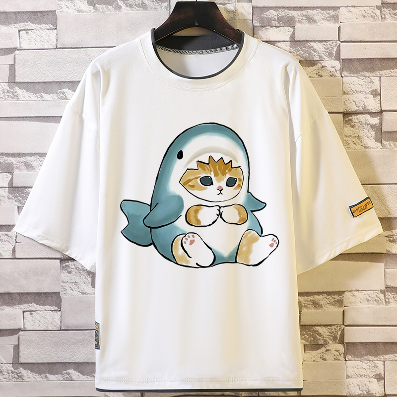 呆萌貓日系印花撞色拼接短袖T恤