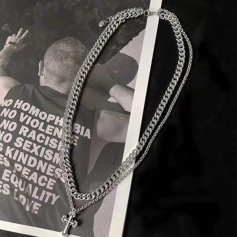 十字架粗細鍊疊戴雙層潮嘻哈小眾設計感古巴鍊項鍊配飾小物