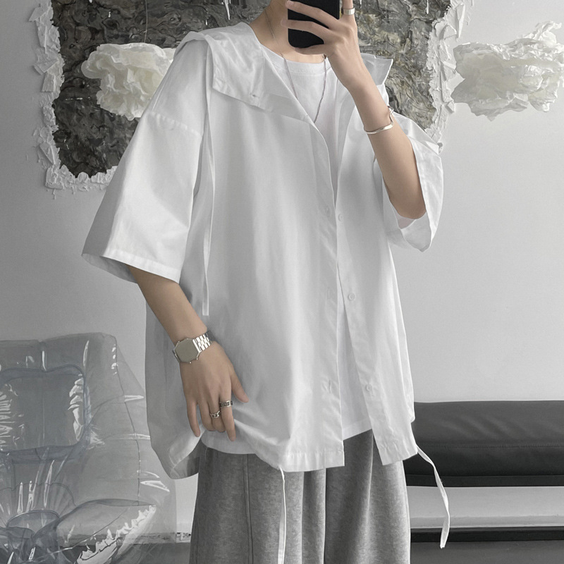 純色ins港風日系連帽五分袖薄款寬鬆襯衣