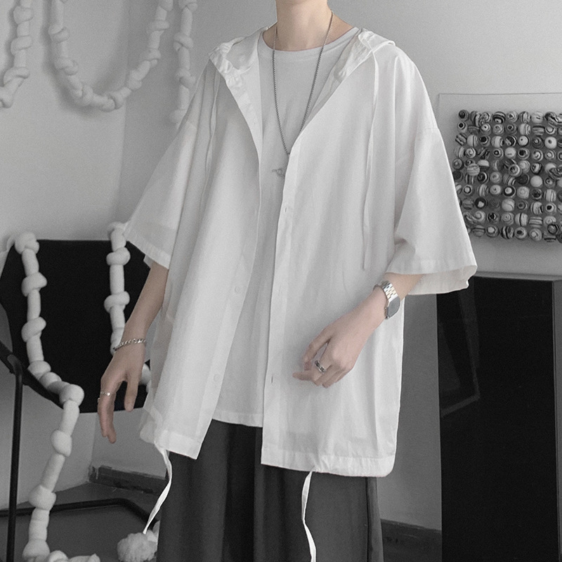 純色ins港風日系連帽五分袖薄款寬鬆襯衣