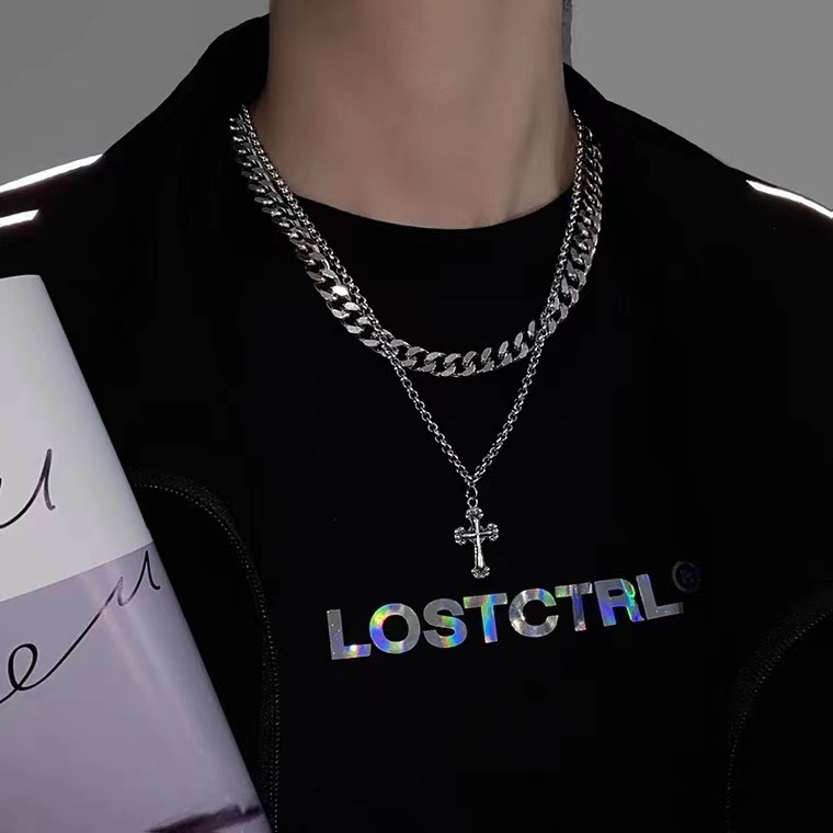 十字架粗細鍊疊戴雙層潮嘻哈小眾設計感古巴鍊項鍊配飾小物