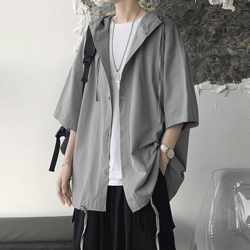 純色ins港風日系連帽五分袖薄款寬鬆襯衣