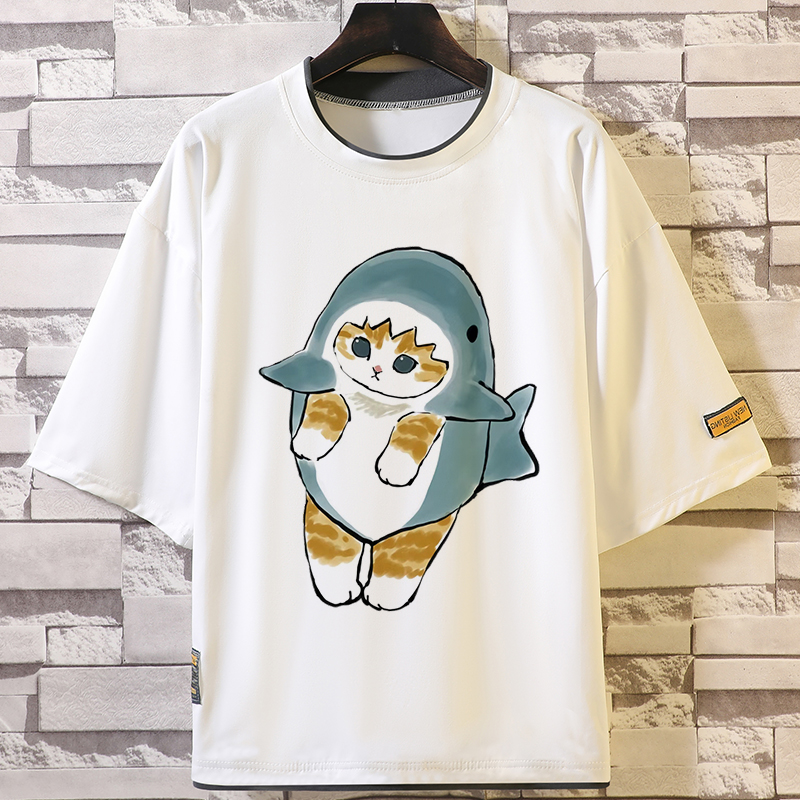 呆萌貓日系印花撞色拼接短袖T恤