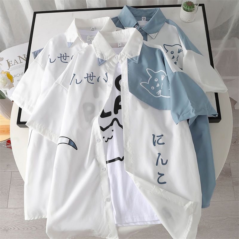 貓咪ins潮流日系印花短袖襯衫