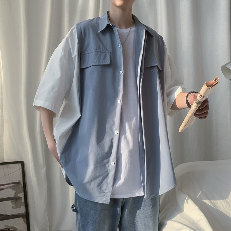 【套裝】韓版潮流帥氣撞色襯衫+內搭T恤+休閒九分褲子三件套裝-vivivale