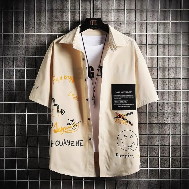 【整套】ins港風塗鴉帥氣百搭短袖襯衫套裝
