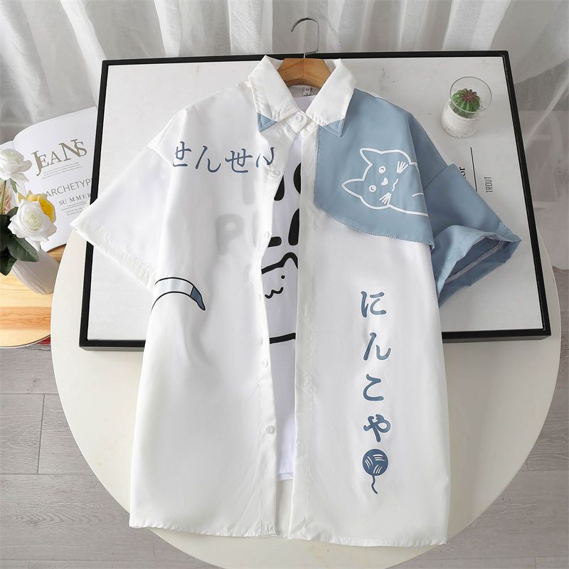 貓咪ins潮流日系印花短袖襯衫