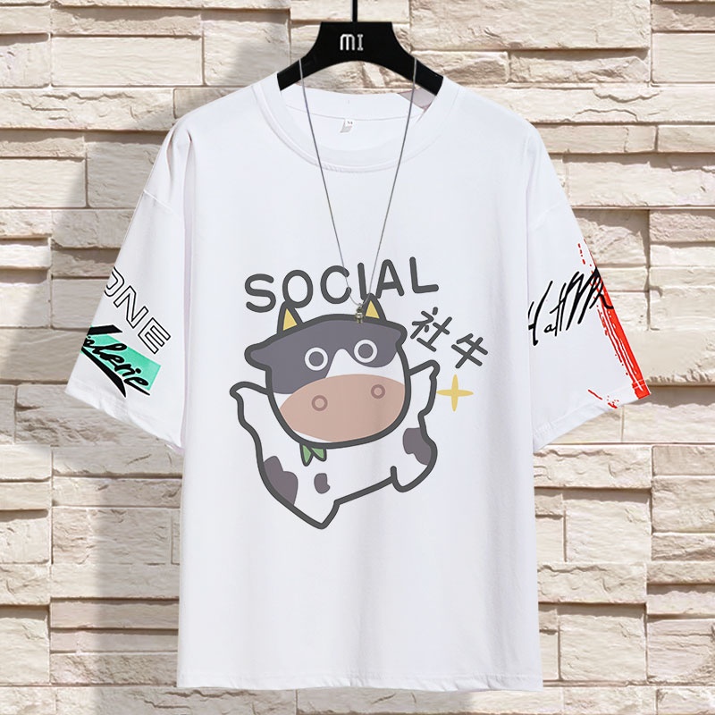 男女同款百搭潮流卡通ins情侶寬鬆五分袖T恤上衣