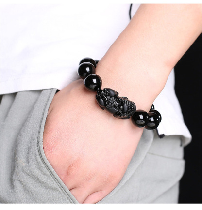 乌金纯黑天然黑曜石貔貅风水手链 Pixiu Obsidian Wealth Bracelet