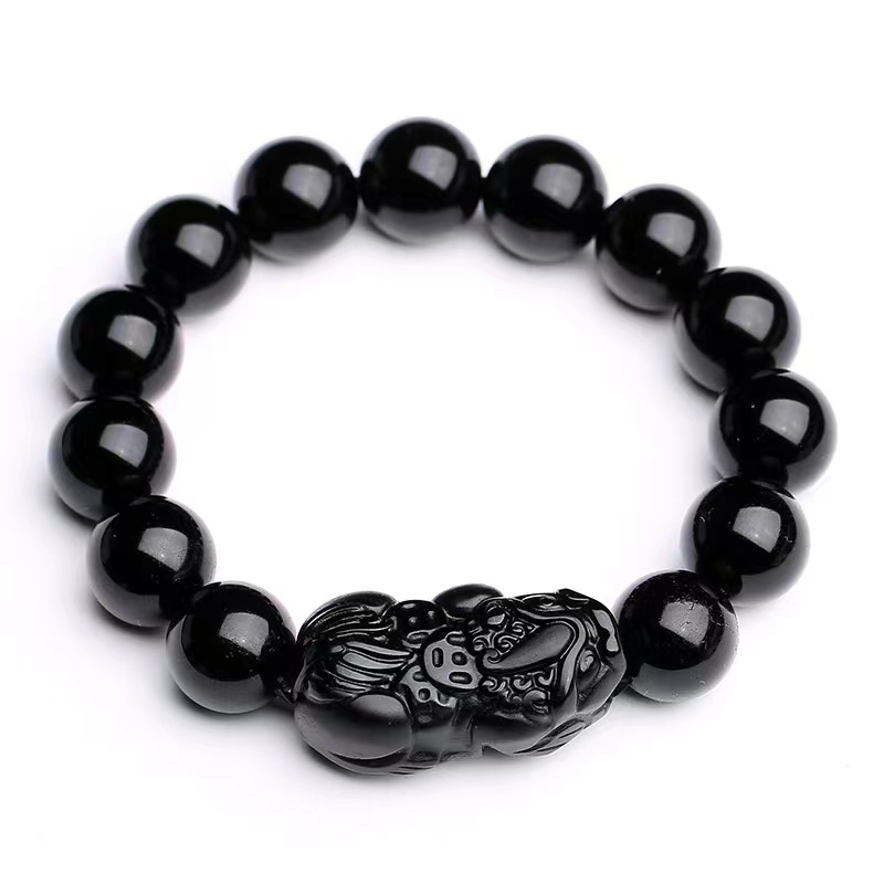 乌金纯黑天然黑曜石貔貅风水手链 Pixiu Obsidian Wealth Bracelet