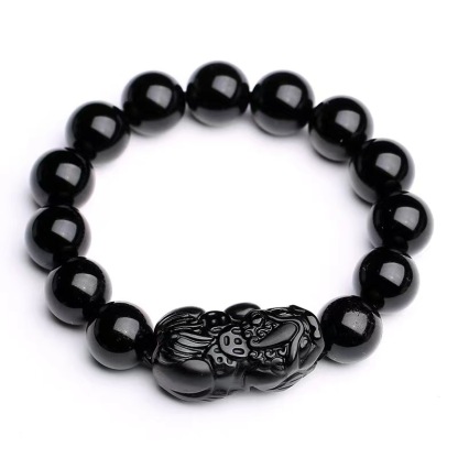 乌金纯黑天然黑曜石貔貅风水手链 Pixiu Obsidian Wealth Bracelet