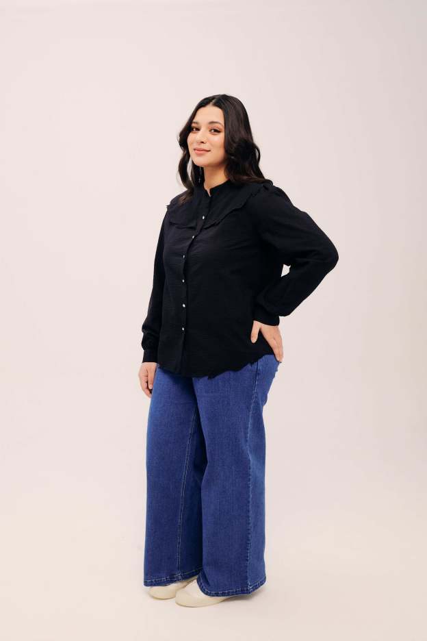 Lapel Black Long Sleeve Embroidered Top for Women