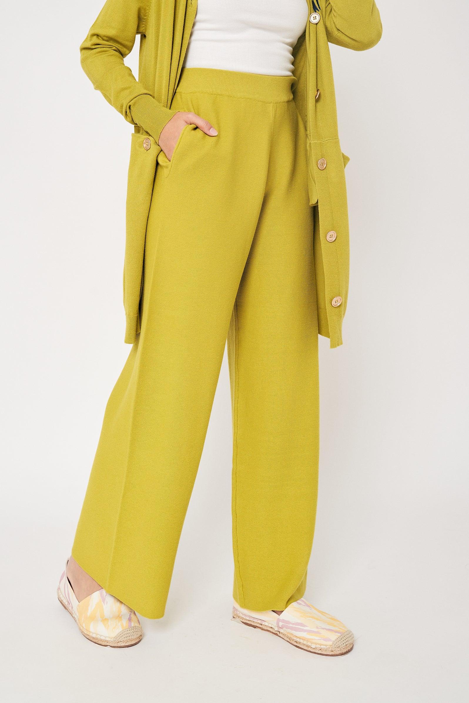 Lime Green High Waist Wool Pants for Women