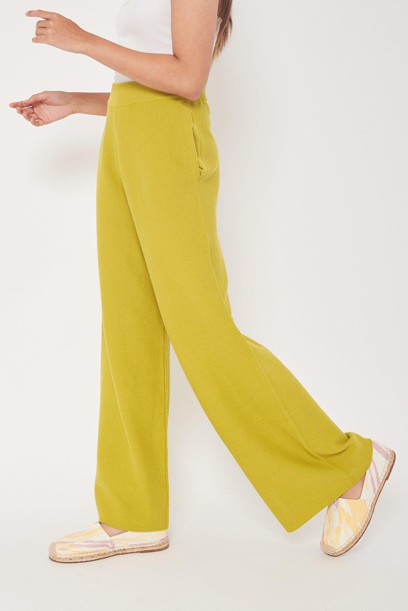Lime Green High Waist Wool Pants for Women