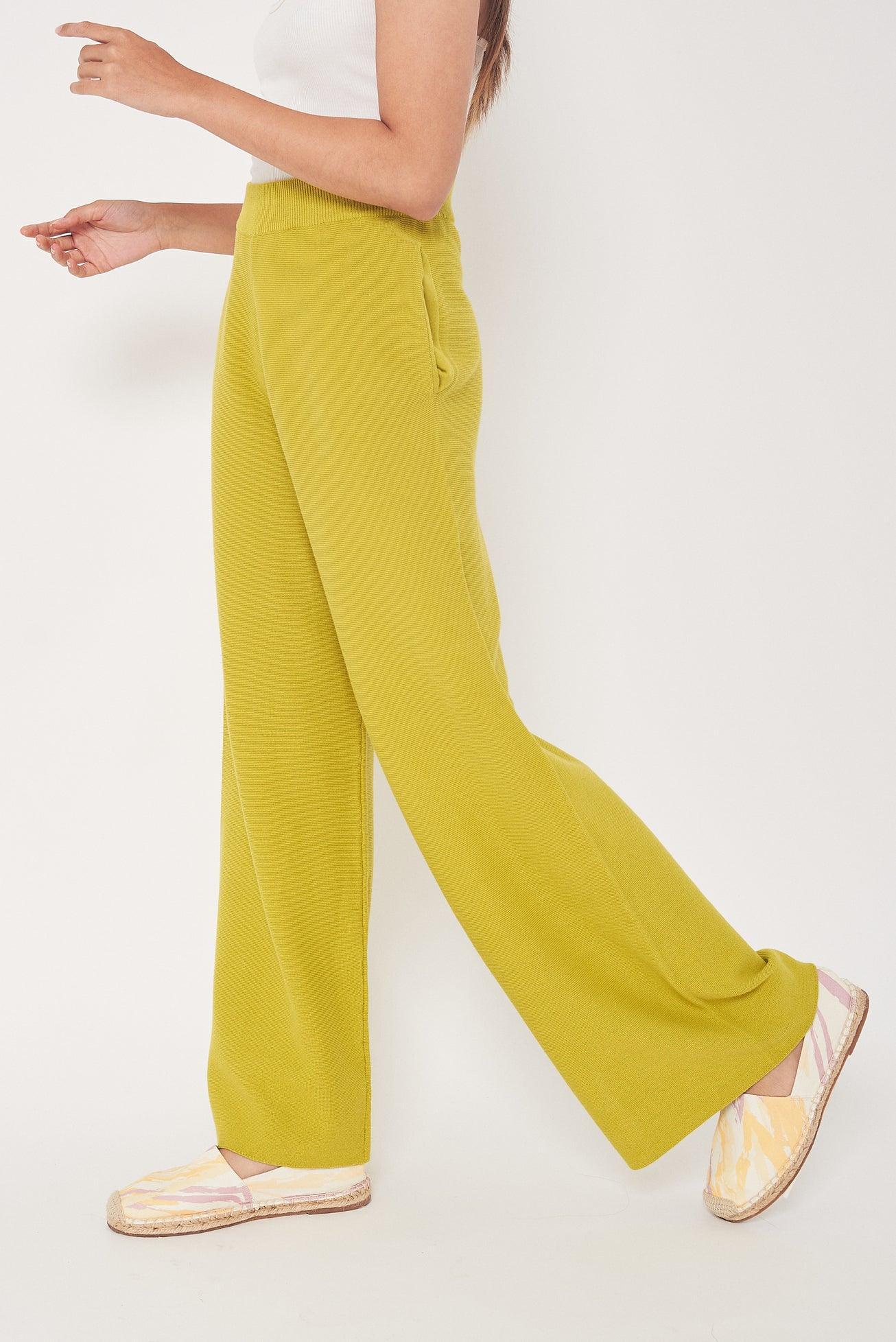 Lime Green High Waist Wool Pants for Women