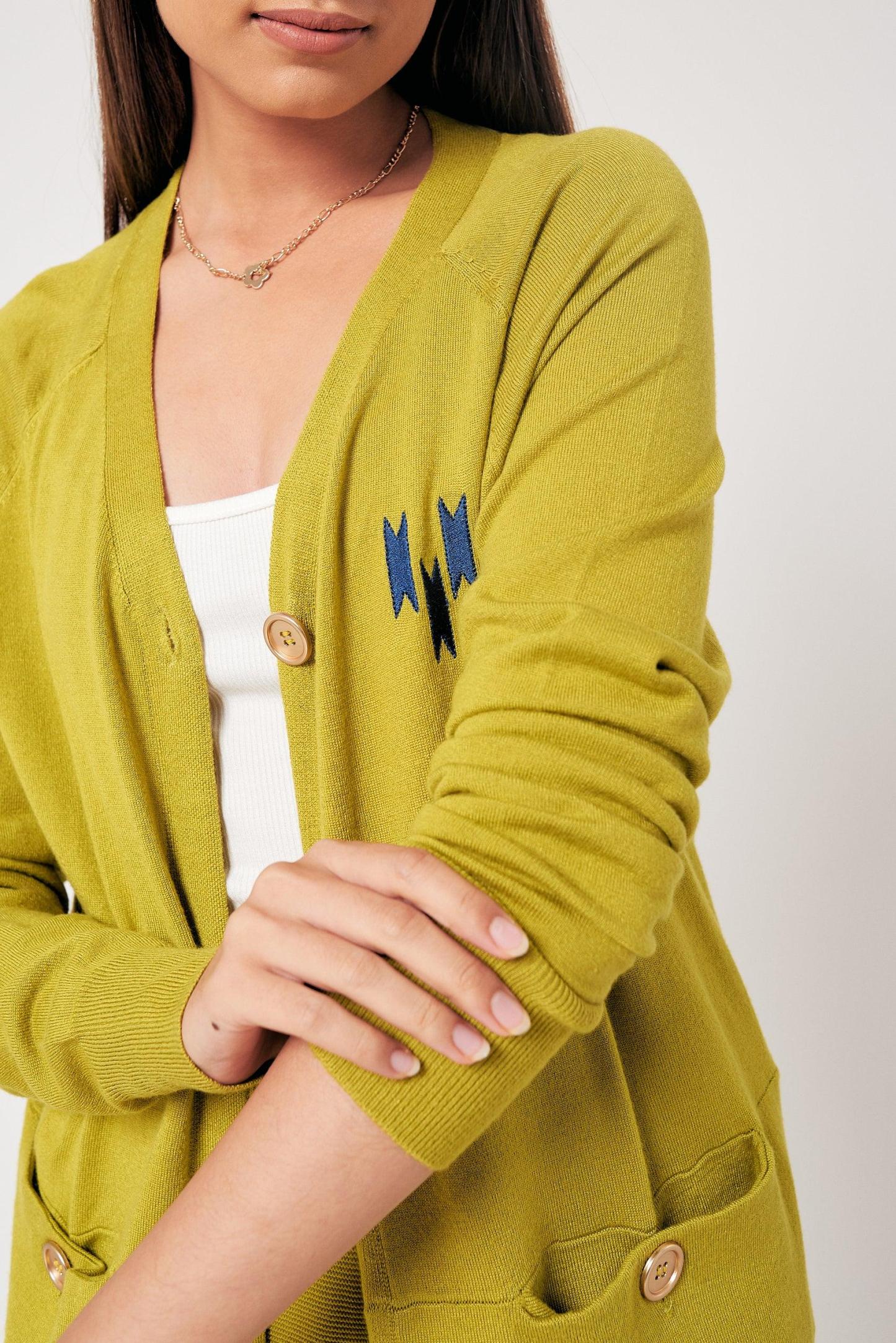 Lime Green Embroidered Wool Cardigan