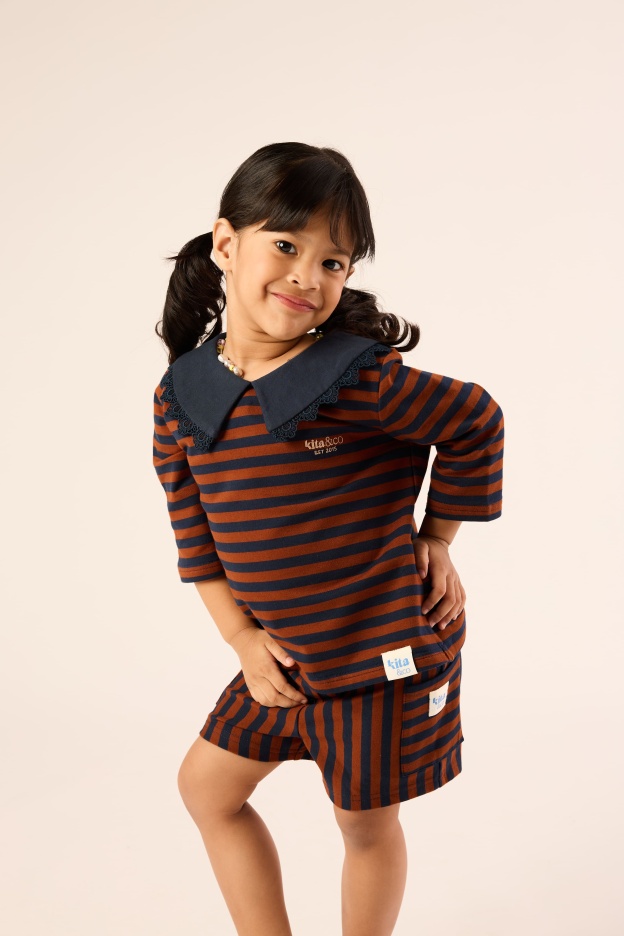 Chocolate Brown & Navy Lace Bib Striped Top - Girls