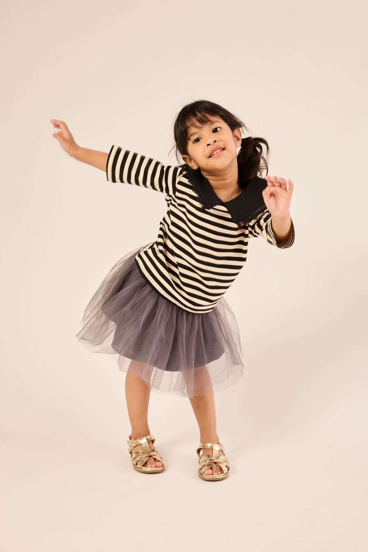 Black & Cream White Lace Bib Striped Top - Girls