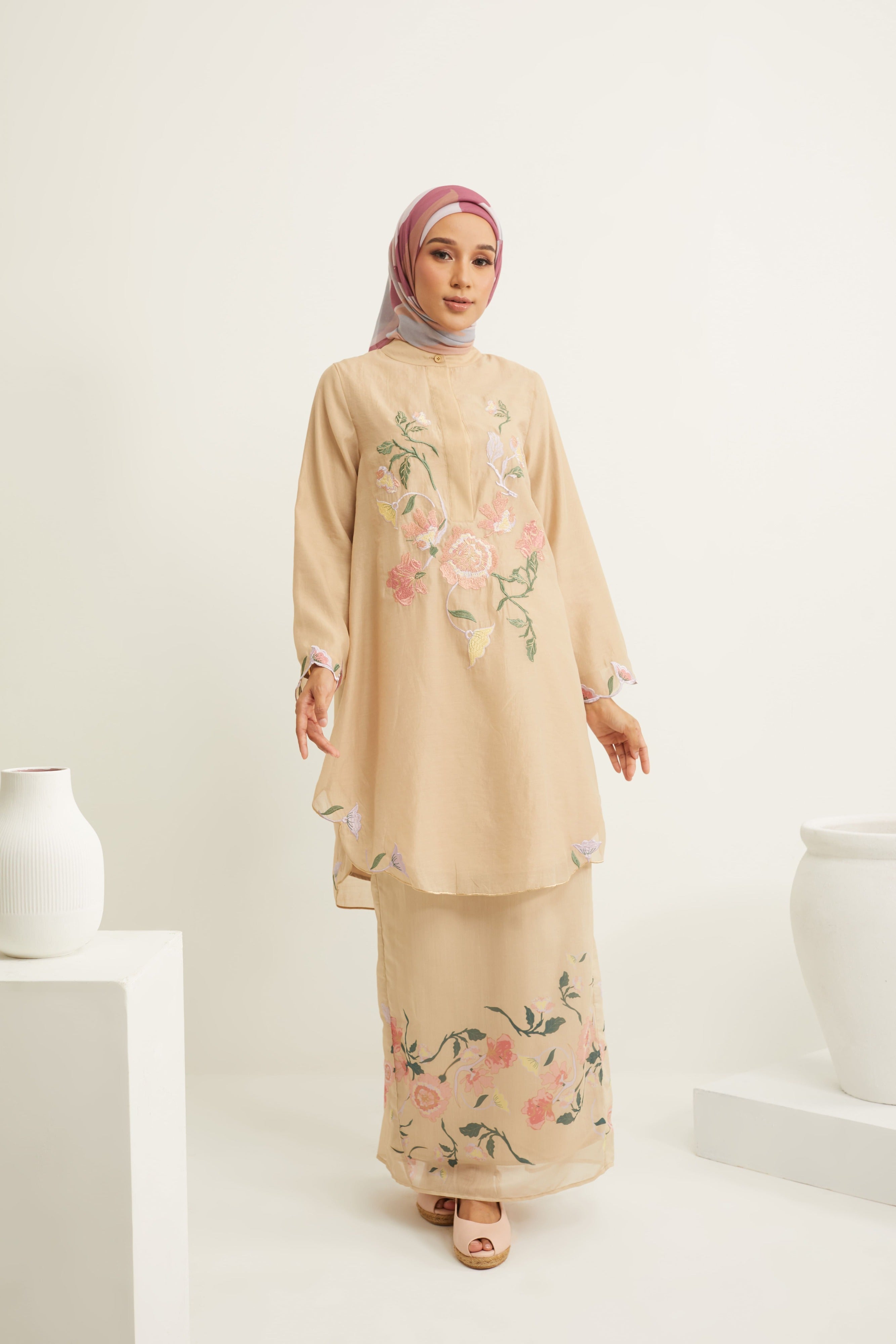 Aisha Beige Embroidered Kurung