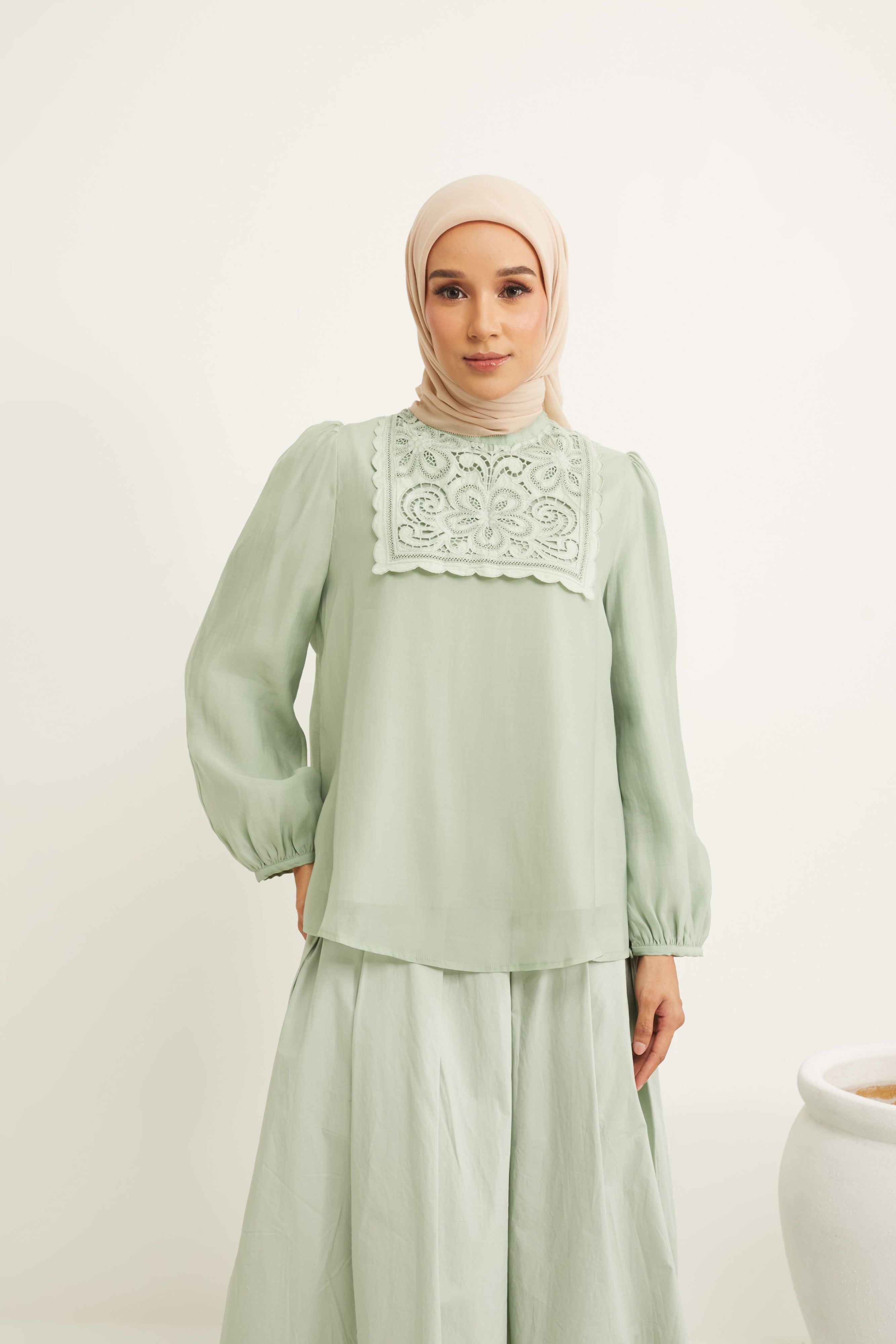 Deena Mint Green Lace Bib Puff Sleeves Top