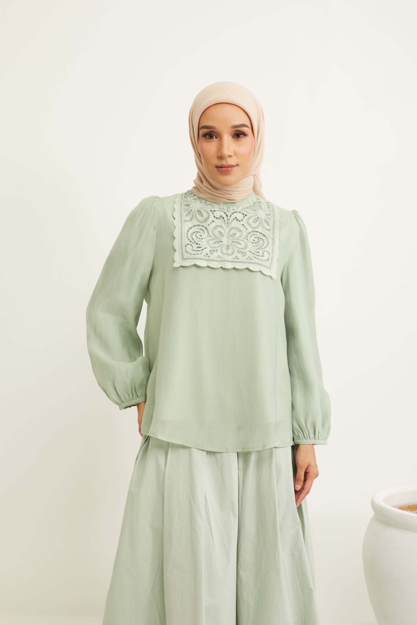 Deena Mint Green Lace Bib Puff Sleeves Top